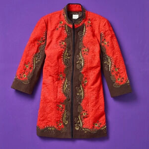 Chico's Goji Berry Brown Heritage Beaded Jacket XL Asian Inspired